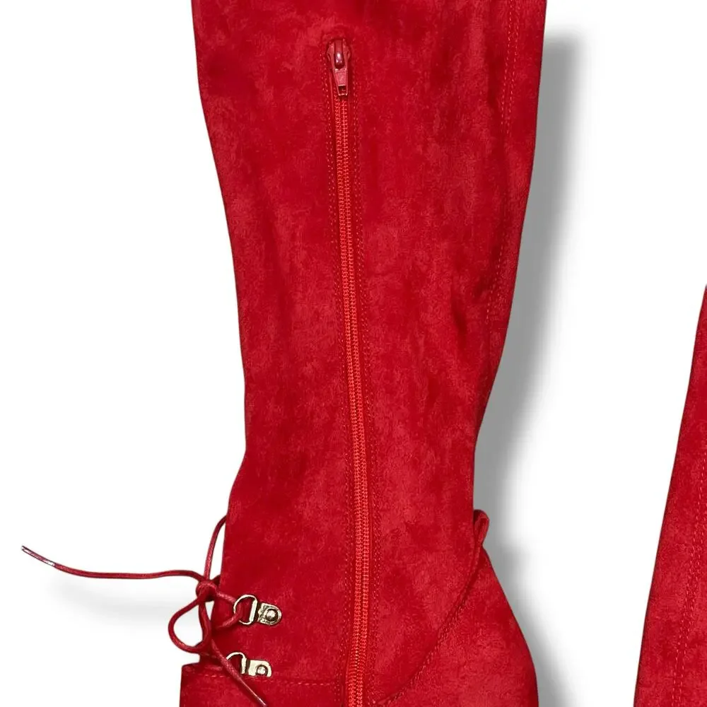 Shoedazzle Evadne Thigh Boot Sz 9 Red Faux Suede Over Knee OTK Lug Sole 4